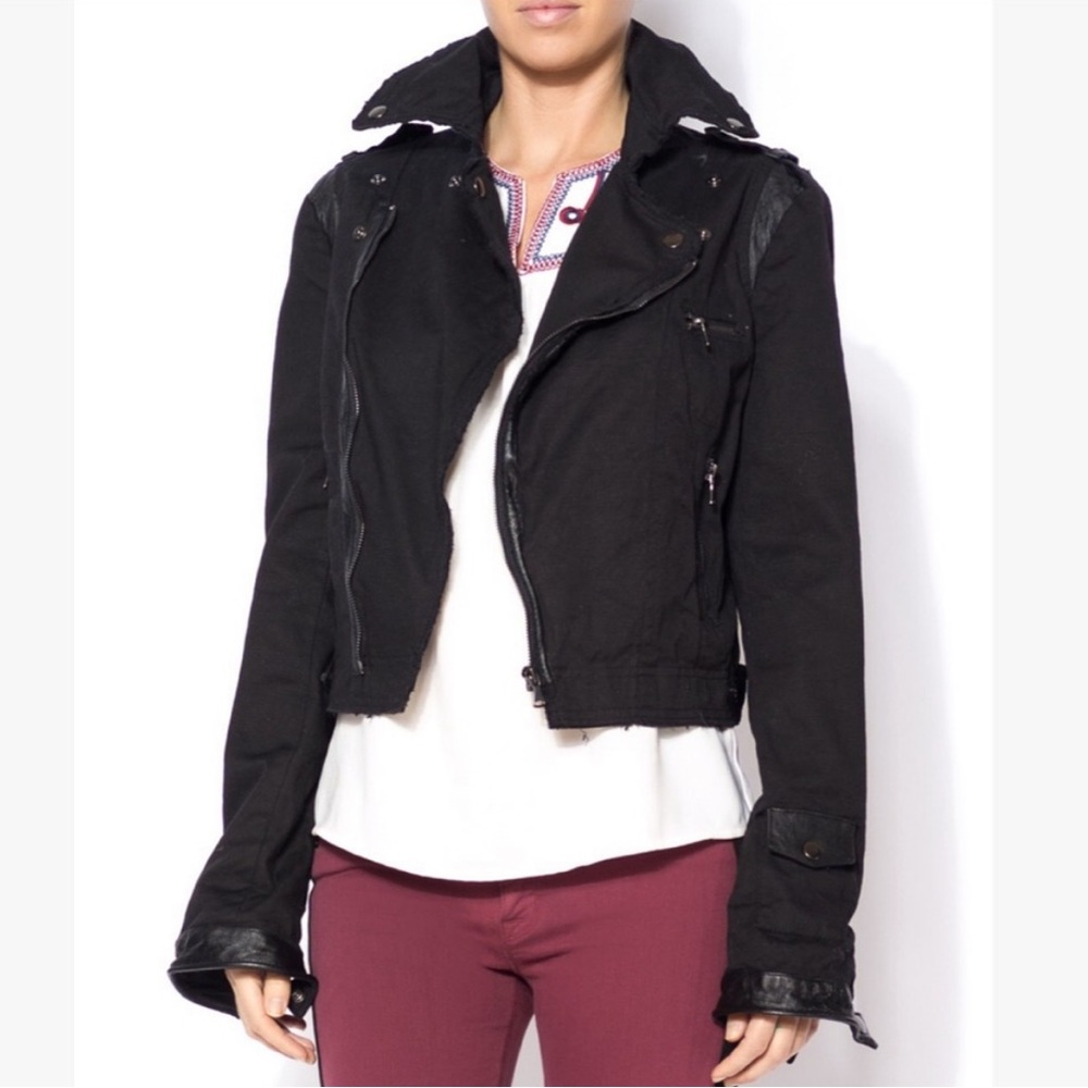 Jakett Josey New York Moto Jacket Cropped Black Leather Trim Cotton Blend Size S